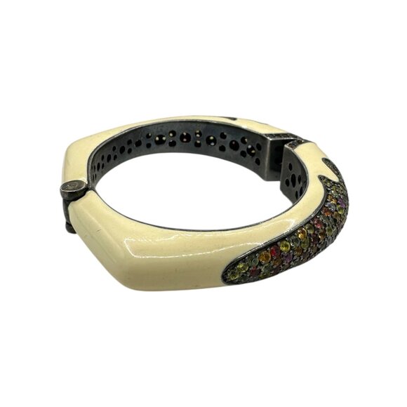 Rina Limor Off White Enamel Bracelet 925 Sterling Silver Clamper Bangle Signed - Picture 3 of 4